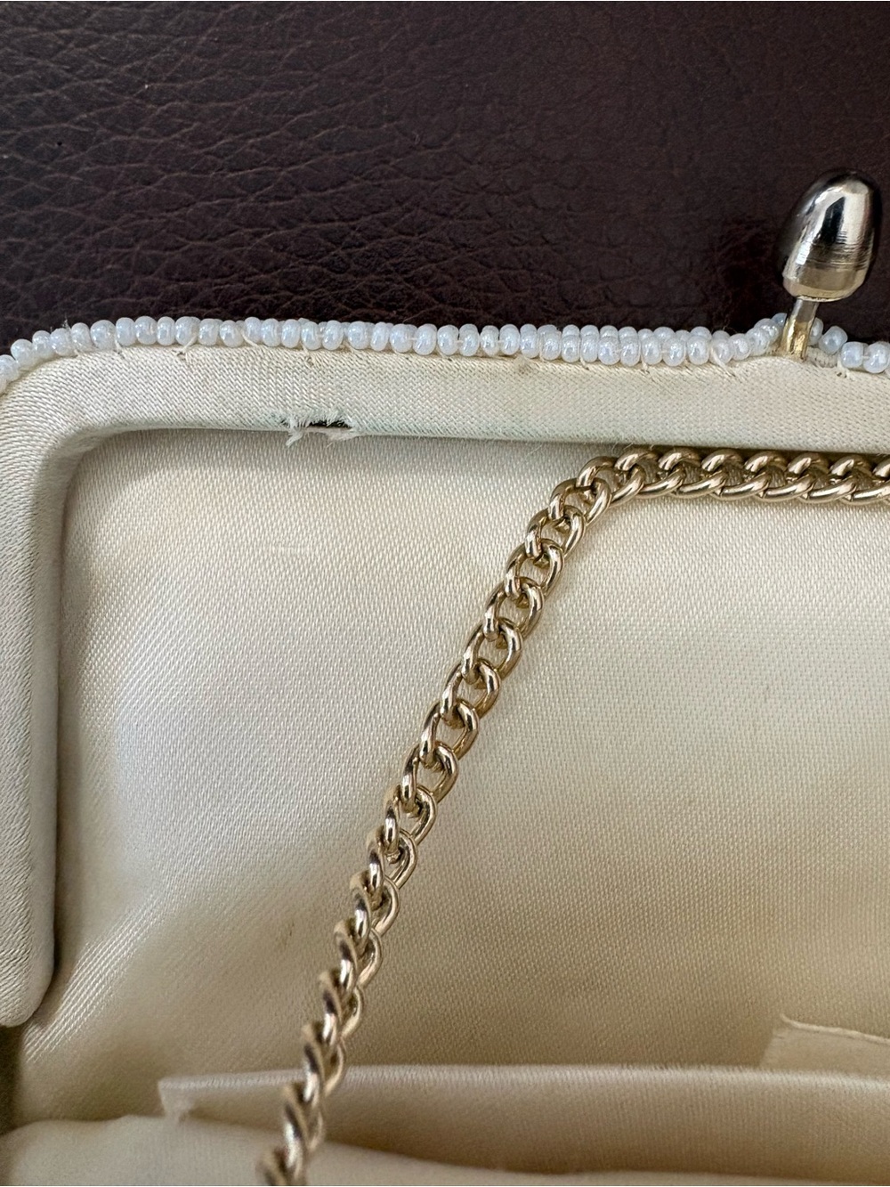 Vintage Ivory Beaded Floral Evening Clutch with Gold Chain - Picture 5 of 5